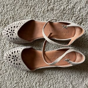 Gentle Souls by Kenneth Cole. Naomi Suede mini wedge ankle strap in Taupe